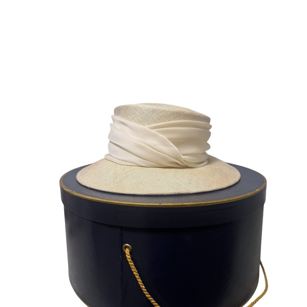 Suzanne Couture Millinery‎ NYC VTG Cream Straw Boater Hat Wide Brim original box
